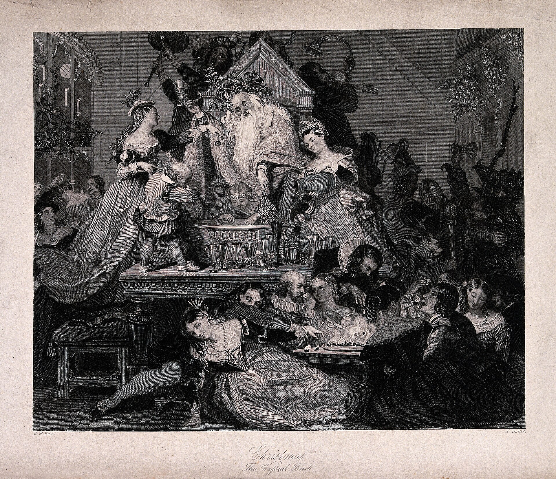 Historic illustration of people playing music, eating, and sharing a wassail bowl at Christmas