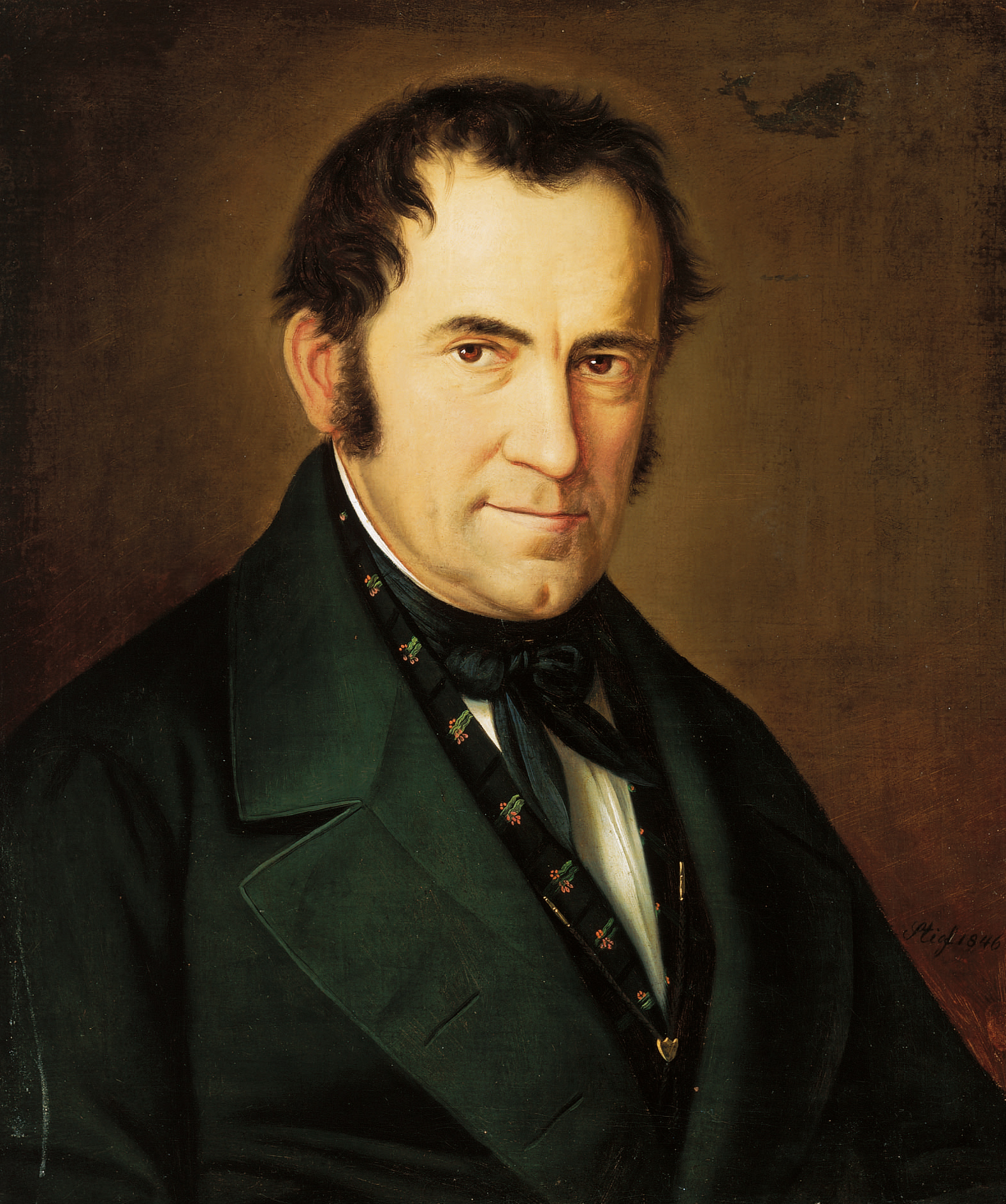 Painted portrait of Silent Night composer Franz Xaver Gruber in dark formal clothing